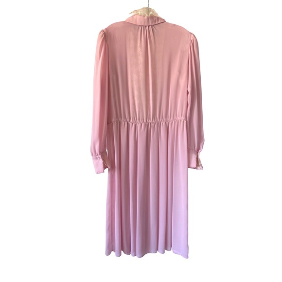 Vintage REO Originals Pink Lace Midi Dress Pearl Button Long Sleeve ILGWU USA 16 - Picture 2 of 10